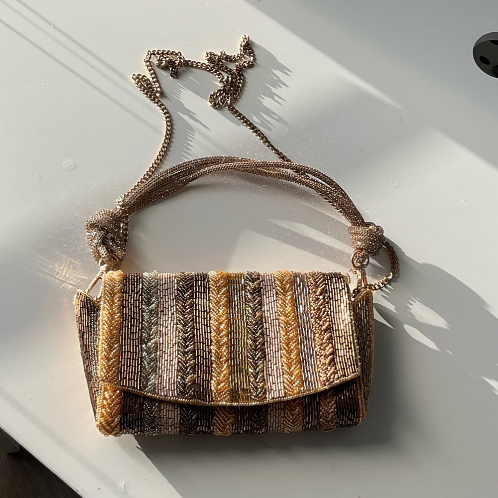 Anthropologie Gold and Brown Beaded Clutch